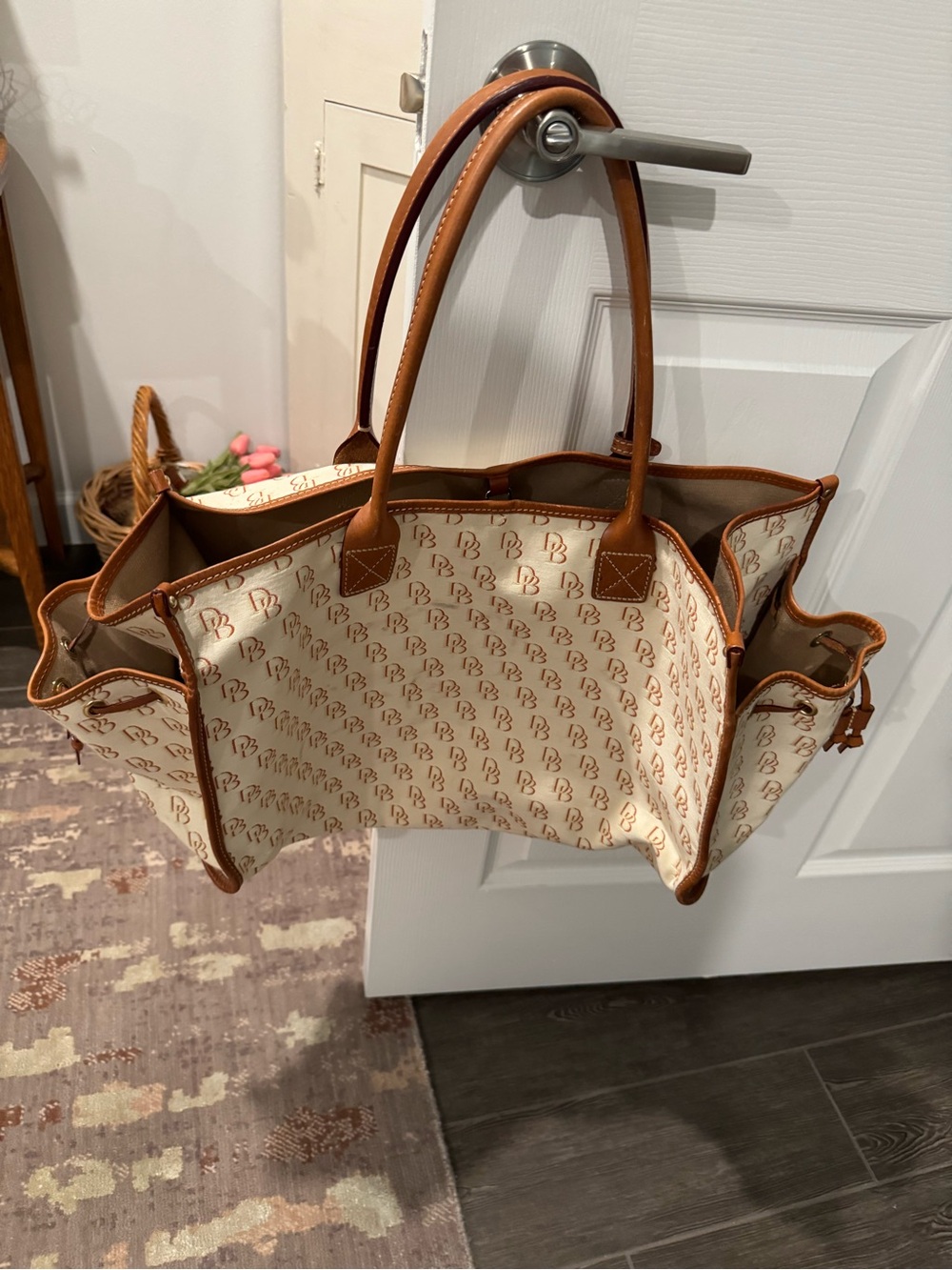 Dooney & Bourke Cream Canvas Tote with Brown Leather Trim - Picture 12 of 15